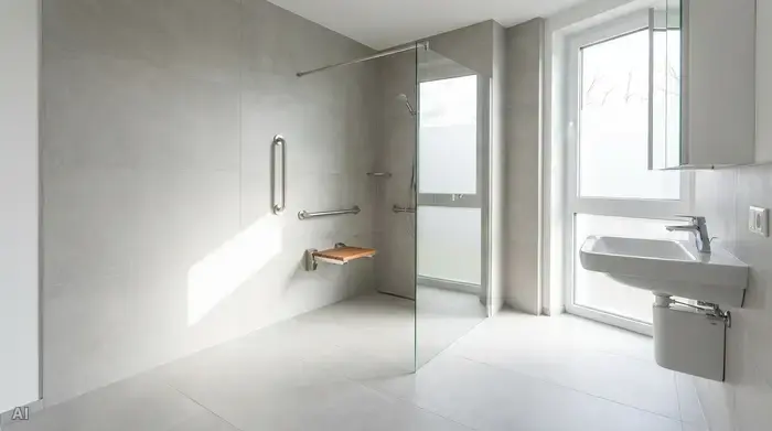 Barrierefreies Bad mit bodengleicher Dusche, Klappsitz, Haltegriffen und unterfahrbarem Waschtisch