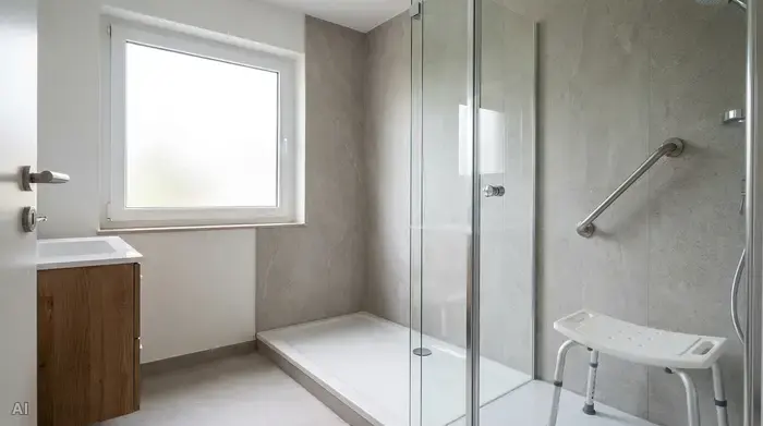 Flache Dusche mit Glastür, Haltegriff und Duschhocker in der früheren Wannennische