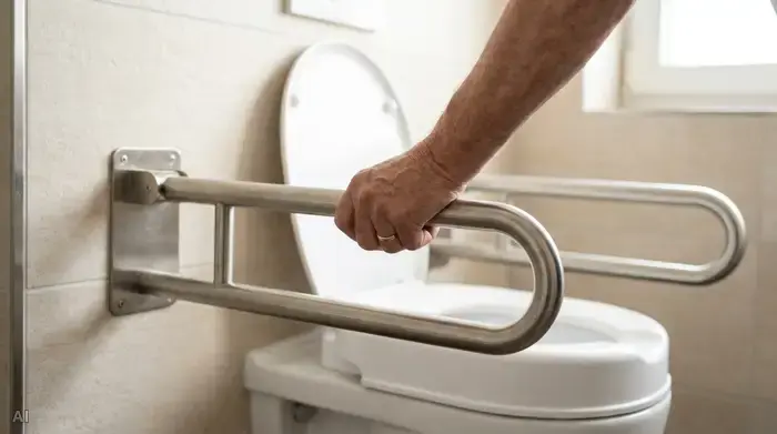Hand greift nach einem Stützklappgriff neben einem erhöhten WC