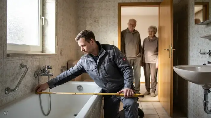 Handwerker misst eine Badewanne aus, ein älteres Ehepaar schaut von der Tür aus zu