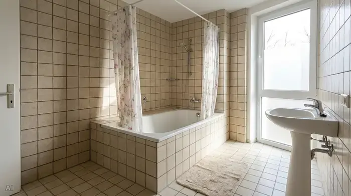 Altes Bad mit eingefliester hoher Badewanne, Duschvorhang und Standwaschbecken
