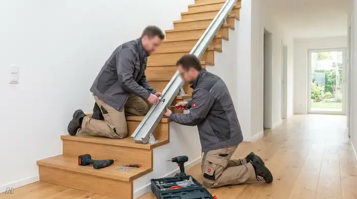 Zwei Monteure befestigen die Schiene eines Treppenlifts an einer geraden Holztreppe