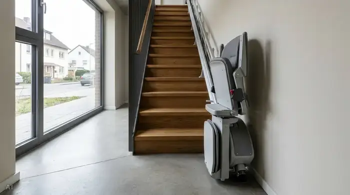 Eingeklappter Treppenlift am Fuß einer schmalen Treppe