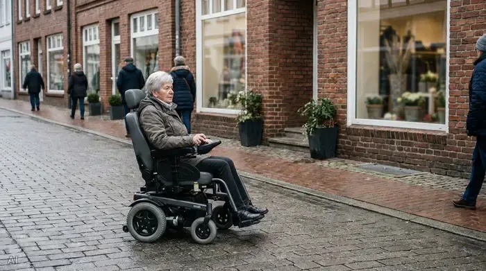 Ältere Frau fährt mit einem Elektrorollstuhl über den Gehweg einer Einkaufsstraße