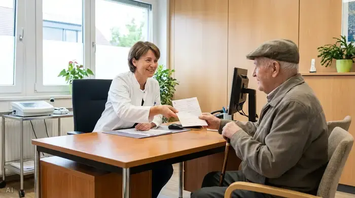 Hausärztin überreicht einem älteren Patienten mit Gehstock am Schreibtisch die Verordnung