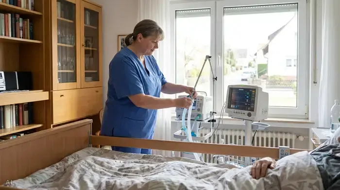 Pflegefachkraft kontrolliert Beatmungsgerät und Monitor neben einem Pflegebett in einem Wohnzimmer