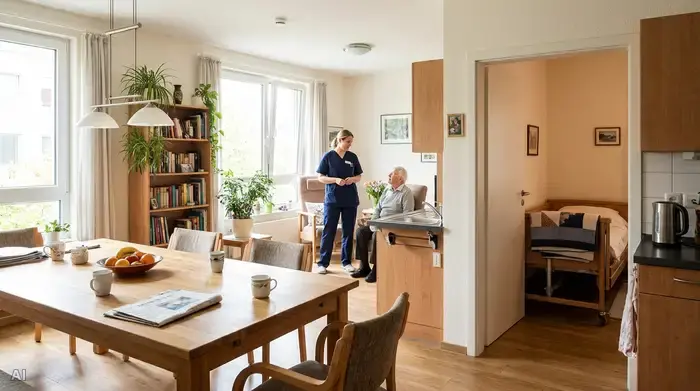 Heller Gemeinschaftsraum einer Intensivpflege-WG mit Esstisch, Küche und Blick in ein Bewohnerzimmer