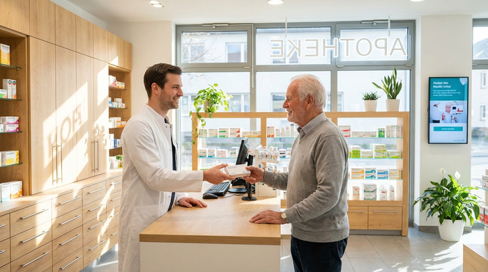 Ein Apotheker in einem weißen Kittel überreicht einem älteren Herrn freundlich lächelnd eine weiße Medikamentenschachtel über den Holztresen einer modernen, hellen Apotheke.
