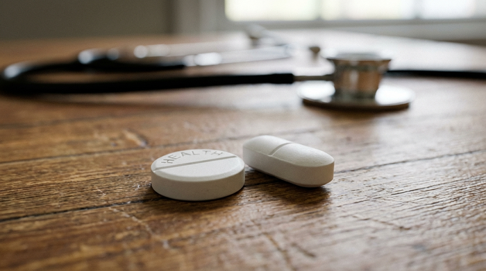 Nahaufnahme von zwei unterschiedlichen weißen Tabletten, die nebeneinander auf einem sauberen Holztisch liegen. Im Hintergrund ist unscharf ein Stethoskop zu erkennen.