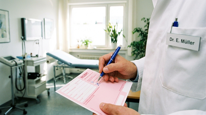Die Hand eines Arztes im weißen Kittel hält einen blauen Kugelschreiber und kreuzt ein kleines Kästchen auf einem rosafarbenen medizinischen Rezept an. Helle, professionelle Arztpraxis im Hintergrund.