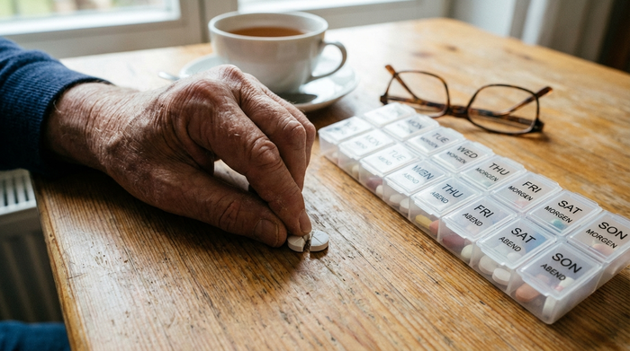 Eine ältere Hand versucht vorsichtig, eine kleine weiße Tablette auf einem sauberen Küchentisch in zwei Hälften zu brechen. Daneben steht eine praktische Tablettenbox mit Wochentagen.