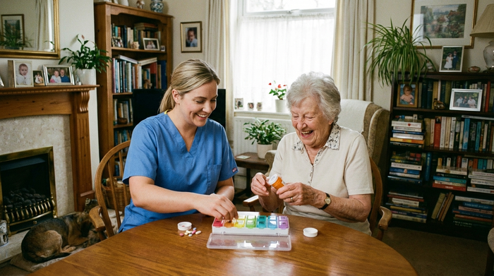 Eine freundliche Pflegekraft in blauer Berufskleidung sitzt neben einer älteren Dame im gemütlichen Wohnzimmer und hilft ihr geduldig beim Sortieren von Medikamenten in eine Dosierbox.