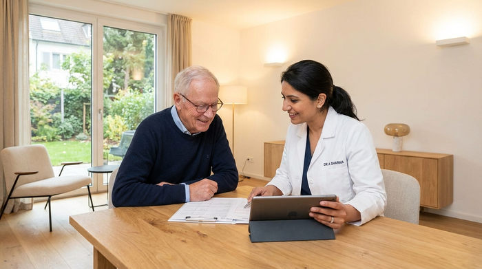Ein freundlicher Arzt im weißen Kittel sitzt in einer modernen Praxis im Gespräch mit einem älteren Herrn. Beide schauen konzentriert auf medizinische Unterlagen auf dem Schreibtisch. Helle, vertrauensvolle Umgebung.