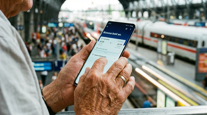 Nahaufnahme der Hände einer älteren Person, die ein modernes Smartphone hält. Der Bildschirm leuchtet sanft auf, im Hintergrund ist verschwommen ein heller, belebter Bahnhofsbereich zu erkennen.