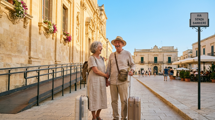 Ein fröhliches Seniorenpaar mit leichtem Reisegepäck steht entspannt vor einem historischen Gebäude in einer südeuropäischen Stadt. Strahlend blauer Himmel, Urlaubsstimmung und eine barrierefreie Umgebung.