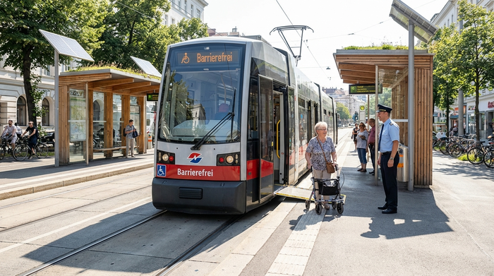 Eine moderne, barrierefreie Straßenbahn hält an einer sonnigen Haltestelle. Eine ältere Dame mit Rollator steigt entspannt über eine flache Rampe ein, unterstützt von einem hilfsbereiten Fahrer.