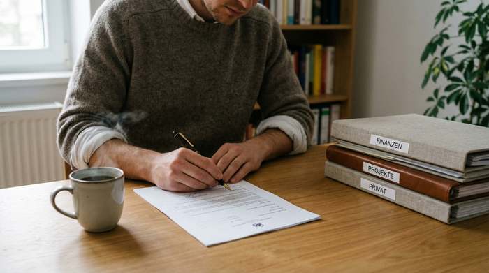 Ein aufgeräumter Holzschreibtisch mit einer Tasse Kaffee. Eine Person füllt konzentriert mit einem Füller ein offizielles Dokument aus. Daneben liegen ordentlich sortierte Dokumentenmappen in ruhiger Atmosphäre.