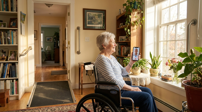Eine ältere Dame sitzt entspannt im Rollstuhl an einem sonnigen Fenster und hält ein Smartphone in der Hand, auf dem Bildschirm ist ein lächelnder Arzt zu sehen. Gemütliches, barrierefreies Zuhause.