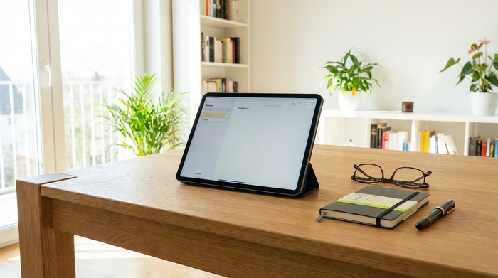 Ein modernes Tablet steht stabil auf einem Holztisch, daneben liegen ordentlich eine Lesebrille, ein Notizblock und ein Stift. Helles, aufgeräumtes Zimmer mit einfallendem Tageslicht von der Seite.