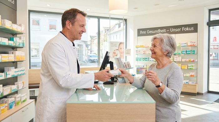 Ein Apotheker überreicht einer lächelnden Seniorin eine kleine Medikamentenschachtel über den Tresen einer modernen, hellen Apotheke. Die Seniorin hält ihre elektronische Gesundheitskarte in der Hand.