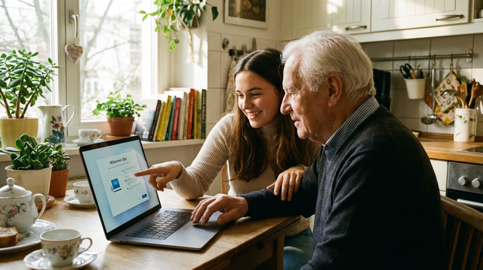 Eine jüngere Frau hilft liebevoll ihrem älteren Vater am Küchentisch bei der Einrichtung eines Laptops. Beide schauen konzentriert, aber entspannt auf den Bildschirm. Warme, harmonische Familienatmosphäre.