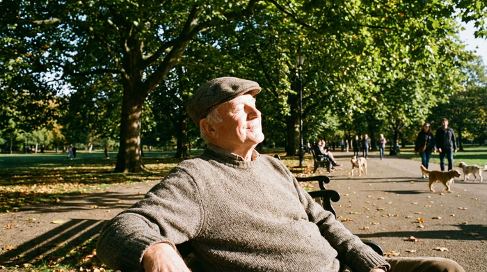 Ein älterer Herr sitzt entspannt auf einer sonnigen Parkbank und genießt die warmen Sonnenstrahlen im Gesicht, umgeben von großen grünen Bäumen in einem friedlichen Park.