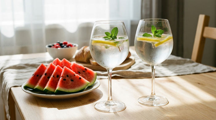 Zwei große Gläser mit frischem Wasser, garniert mit Zitronenscheiben und Minzblättern, stehen auf einem hellen Esstisch neben einem Teller mit saftiger, aufgeschnittener Wassermelone.