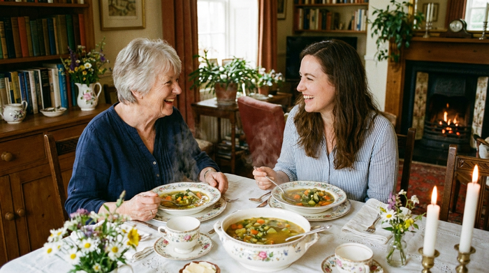 Ein liebevoll gedeckter Esstisch in einem gemütlichen Esszimmer, an dem eine ältere Frau und ihre erwachsene Tochter gemeinsam eine warme, dampfende Gemüsesuppe essen und sich fröhlich anlächeln.