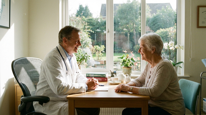 Ein freundlicher, erfahrener Arzt in einem weißen Kittel sitzt in einer hellen Praxis und spricht beruhigend mit einer älteren Patientin. Natürliches Licht fällt durch das große Fenster.