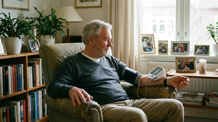 Ein älterer Herr sitzt entspannt in einem gemütlichen Sessel im Wohnzimmer und nutzt ein modernes Blutdruckmessgerät am Oberarm. Er wirkt ruhig und konzentriert.