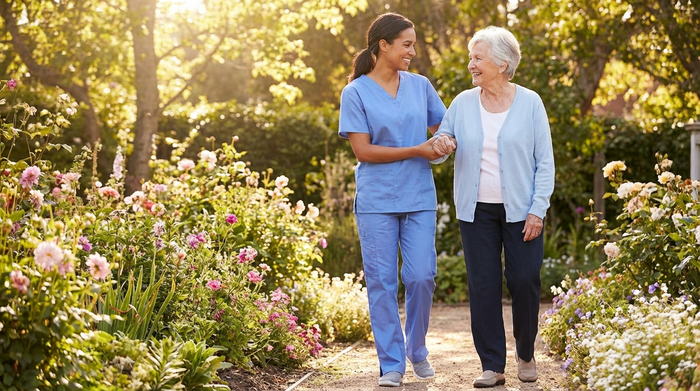 Eine freundliche Pflegekraft in blauer Berufskleidung hilft einer älteren Dame liebevoll beim Gehen im sonnigen Garten. Beide lächeln und genießen das schöne Wetter.