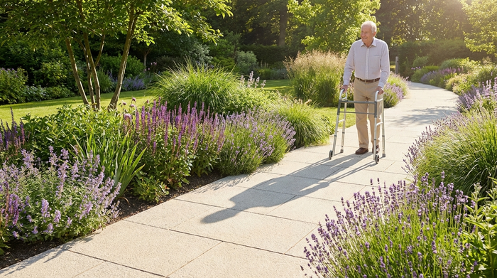 Ein breiter, flacher und rutschfester Gartenweg aus hellen Pflastersteinen, der sich durch einen gepflegten grünen Garten schlängelt. An den Rändern blühen pflegeleichte Stauden wie Lavendel. Ein älterer Herr mit einem modernen Rollator spaziert entspannt den Weg entlang im hellen Sonnenlicht.