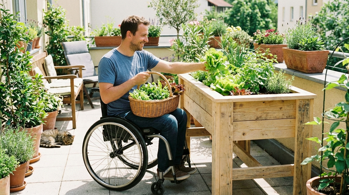 Ein unterfahrbares Tischbeet aus hellem Holz auf einer sonnigen Terrasse. Ein lächelnder Mann im Rollstuhl sitzt bequem davor und erntet frischen grünen Salat und Kräuter. Das Beet ist auf idealer Höhe, sodass er sich nicht bücken muss. Lebendige und natürliche Gartenszene.