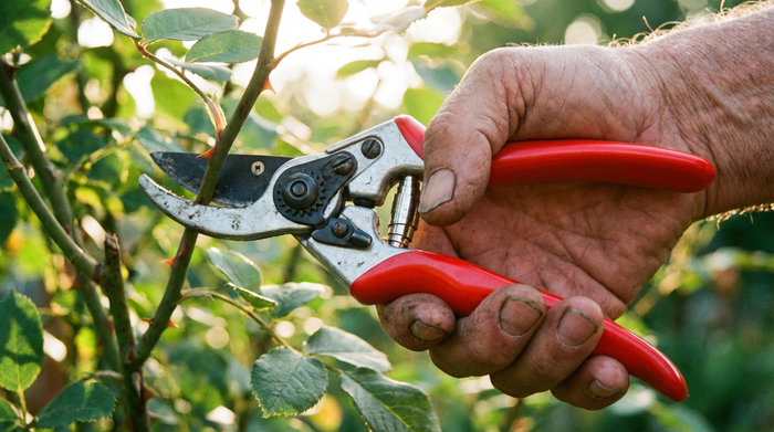 Nahaufnahme der Hände einer älteren Person, die eine ergonomische Gartenschere mit Rollgriff hält, um einen Rosenzweig zu schneiden. Die Schere hat leuchtend rote Griffe und ein modernes Design. Das Sonnenlicht fällt sanft auf die grünen Blätter im Hintergrund.