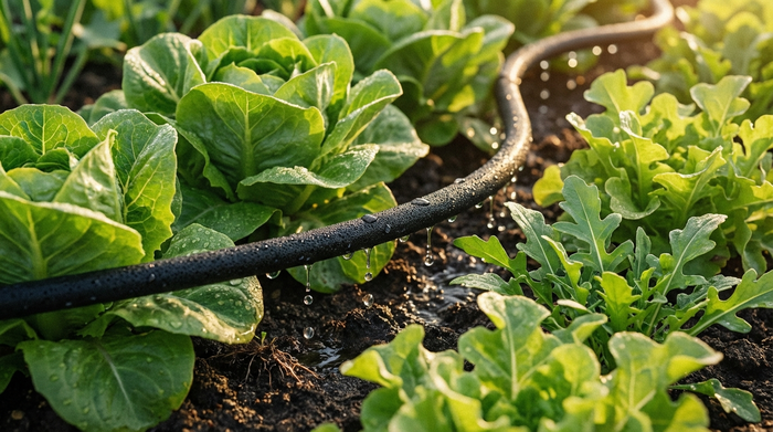 Ein saftig grünes Gemüsebeet, in dem ein schwarzer Tropfschlauch zwischen den Pflanzen verlegt ist. Wassertropfen perlen sanft aus dem Schlauch direkt an die Wurzeln von kräftigen Salatpflanzen. Warme Nachmittagssonne, sehr detaillierte und realistische Naturaufnahme ohne störende Elemente.