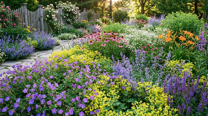 Ein farbenfrohes, dicht bepflanztes Gartenbeet voller winterharter Stauden wie lila Storchschnabel und gelbem Frauenmantel. Keine offene Erde ist sichtbar, alles ist üppig bewachsen. Eine ruhige, idyllische Gartenszene ohne Menschen, die eine pflegeleichte Oase ausstrahlt.