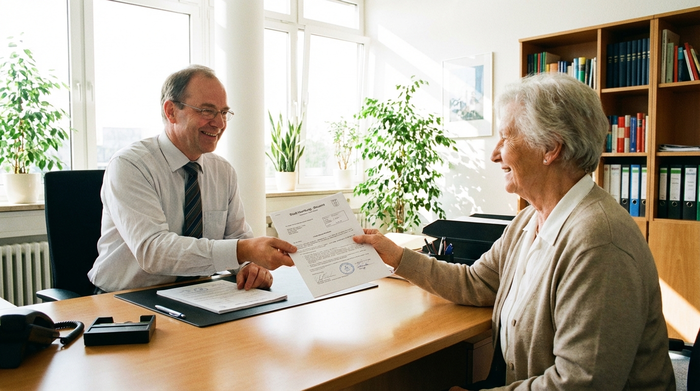 Ein freundlicher Beamter in einem hellen Büro reicht einer älteren Frau lächelnd ein offiziell aussehendes Dokument über den Schreibtisch. Seriöse, unterstützende Atmosphäre, aufgeräumtes Umfeld, realistische Fotografie.
