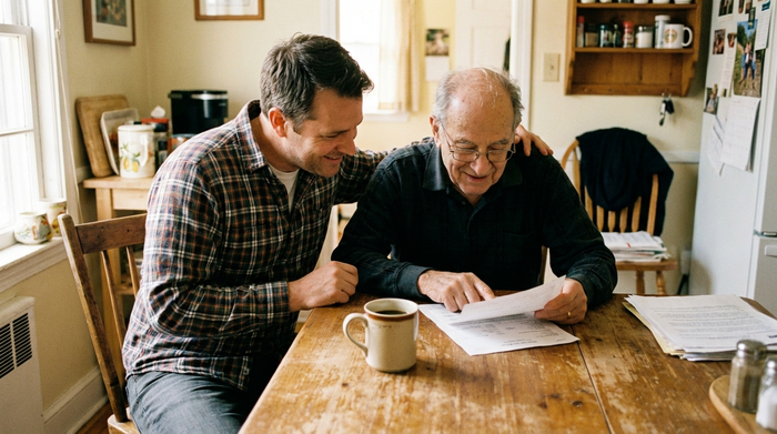 Ein erwachsener Sohn sitzt mit seinem älteren Vater an einem Holztisch, beide betrachten ruhig einige Dokumente. Eine Tasse Kaffee steht auf dem Tisch. Familiärer Zusammenhalt, realistische Fotografie ohne Schriftzüge.