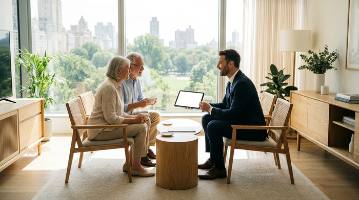 Ein Berater im Anzug sitzt mit einem älteren Paar in einem eleganten, lichtdurchfluteten Besprechungsraum. Alle lächeln entspannt. Professionelle Vorsorgeberatung, klare Umgebung, keine lesbaren Texte.