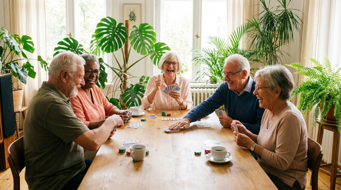 Eine fröhliche Gruppe von älteren Menschen lacht gemeinsam an einem Tisch bei einer Partie Karten. Ein heller, freundlicher Raum mit grünen Zimmerpflanzen im Hintergrund.