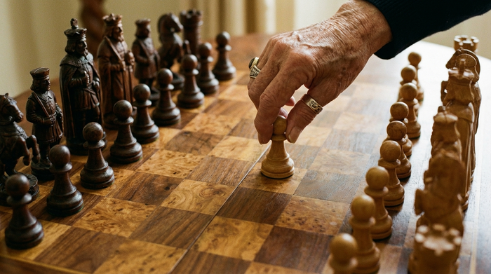 Nahaufnahme eines großen Schachbretts aus edlem Holz mit extragroßen, handgeschnitzten Schachfiguren. Eine ältere, gepflegte Hand bewegt gerade bedächtig einen Bauern.