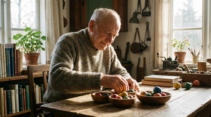 Ein älterer Herr mit sanftem Lächeln sortiert bunte Holzkugeln in kleine Holzschälchen auf einem Tisch. Die Szene strahlt Ruhe, Geduld und Geborgenheit aus.
