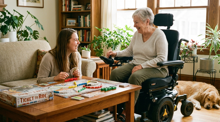 Eine freundliche, junge Alltagsbegleiterin spielt zusammen mit einer älteren Dame im Elektrorollstuhl ein Brettspiel. Beide wirken entspannt und haben sichtlich Spaß miteinander.
