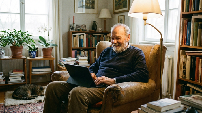 Ein Senior sitzt gemütlich im Sessel und tippt interessiert auf ein modernes Tablet, das auf seinem Schoß liegt. Weiches Licht beleuchtet sein konzentriertes Gesicht.