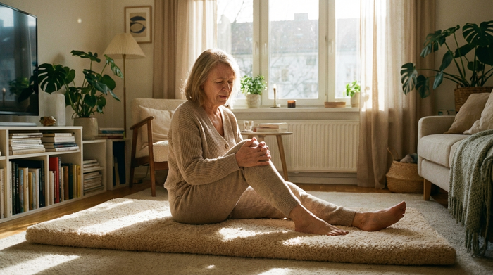 Eine ältere Frau sitzt in bequemer Kleidung auf einer weichen Gymnastikmatte im hellen Wohnzimmer und hält sich mit schmerzverzerrtem Gesicht das Knie. Warme Sonnenstrahlen fallen durch das Fenster. Fotorealistisch, gemütliche Atmosphäre.