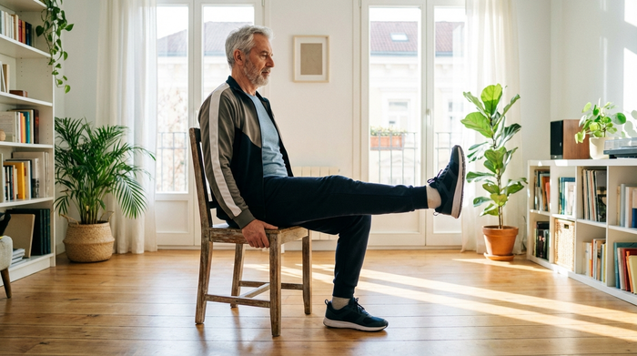 Ein aktiver Senior sitzt aufrecht auf einem Holzstuhl und streckt konzentriert ein Bein waagerecht nach vorne. Er trägt bequeme Sportkleidung. Helles, aufgeräumtes Zimmer im Hintergrund, realistische Darstellung.