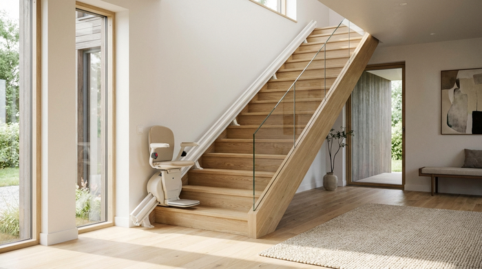 Eine moderne, helle Holztreppe in einem gepflegten, stilvollen Einfamilienhaus. An der Seite der Treppe ist ein eleganter, unauffälliger Treppenlift montiert. Sauberes, sicheres Wohnumfeld ohne Personen, fotorealistisch.