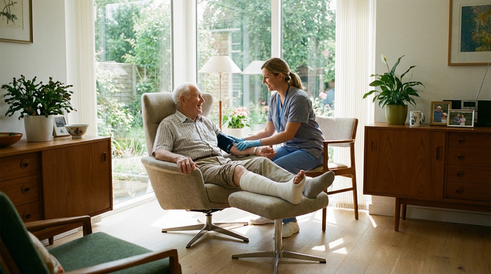 Ein älterer Herr mit Gipsbein sitzt entspannt in einem bequemen Sessel in einem modernen, sonnigen Pflegezimmer, während eine Pflegekraft freundlich seinen Blutdruck misst.