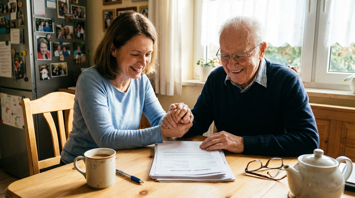 Eine erwachsene Tochter und ihr älterer Vater sitzen gemeinsam an einem hellen Holztisch und schauen erleichtert auf einige Dokumente. Eine Tasse Kaffee steht auf dem Tisch.