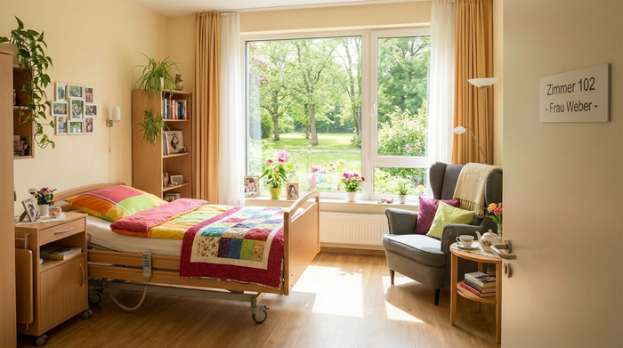 Ein freundliches, helles Zimmer in einer Pflegeeinrichtung mit einem frisch bezogenen Pflegebett, einem gemütlichen Lesesessel und einem großen Fenster mit Blick auf einen grünen Park.